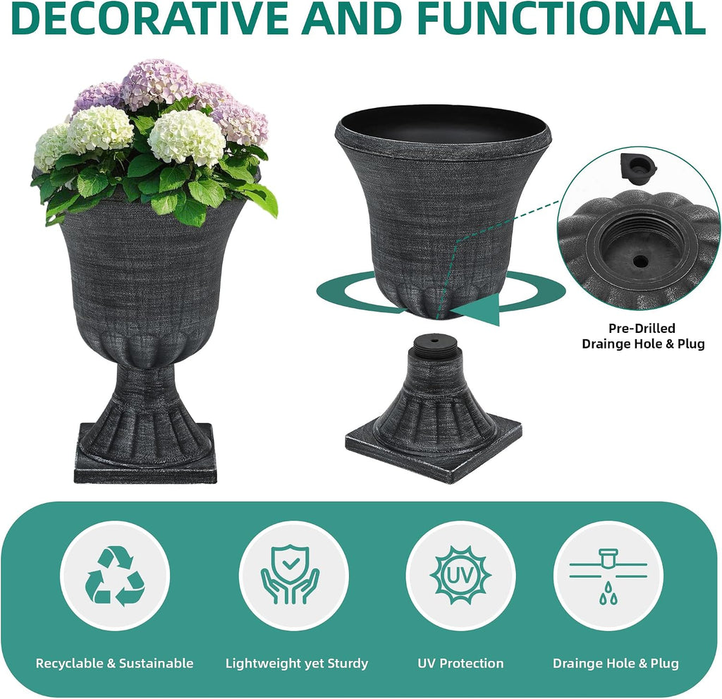 Autodaya 22" Tall Urn Planters for Outdoor Plants Set of 2 Large Flower Pot | 3D Textured Washed Black Pedestal Outdoor