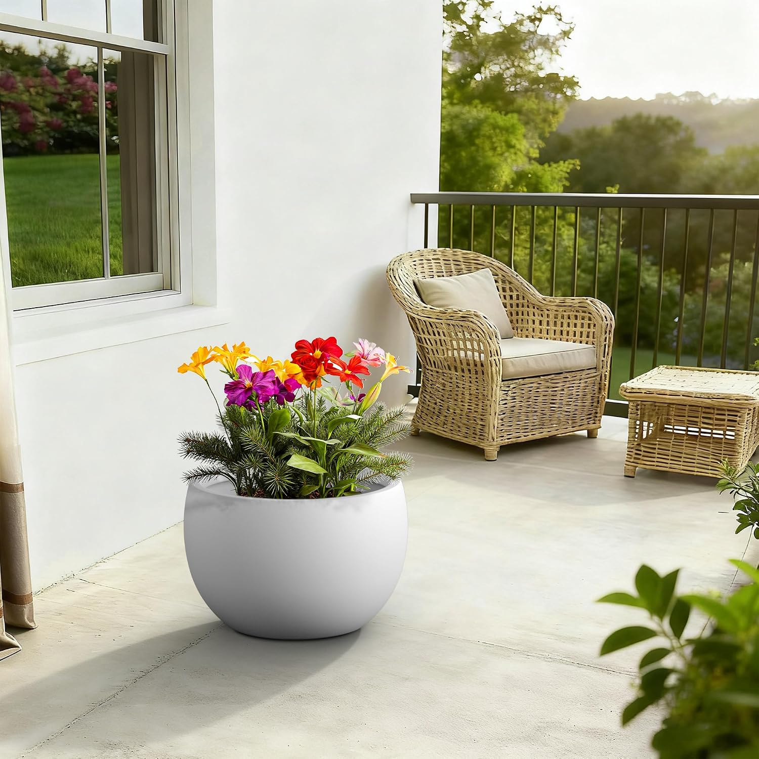 Kante Large Round Bowl White Concrete Planter 20" Dia, Outdoor | Rubber Plug for Indoor, Drainage for Garden