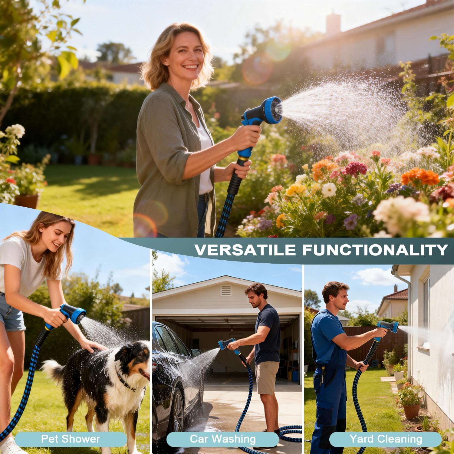 Garden Hose 50ft, Non-Expanding Water Hose Ultra Lightweight, Kink-Free Flexible Hose with 10-Pattern Nozzle, Durable &