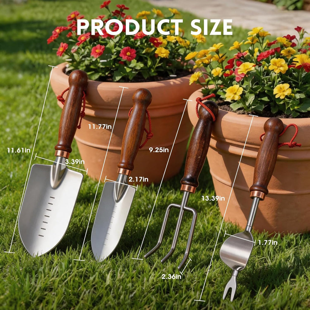 Garden Tools, 4 Pack Garden Shovel with Wooden Handles Hand Tools with Transplanting Hand Shovel, Rake and Root Picker