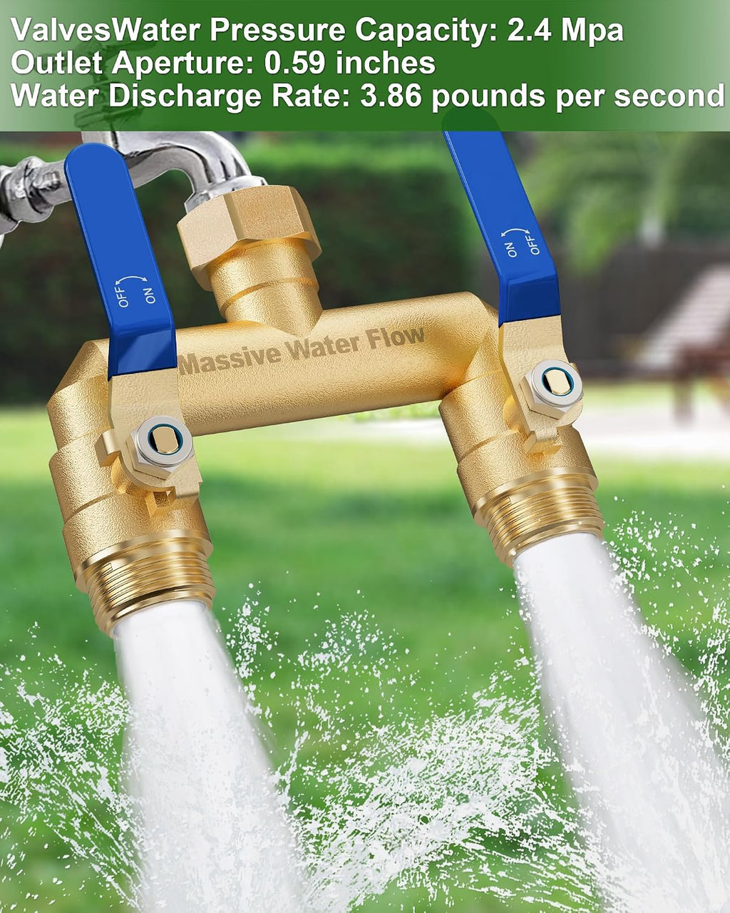 Hose Splitter 2 Way Heavy Duty, Full Flow Garden Hose Splitter with 2 Long Metal Handles, Brass Rust and Freeze