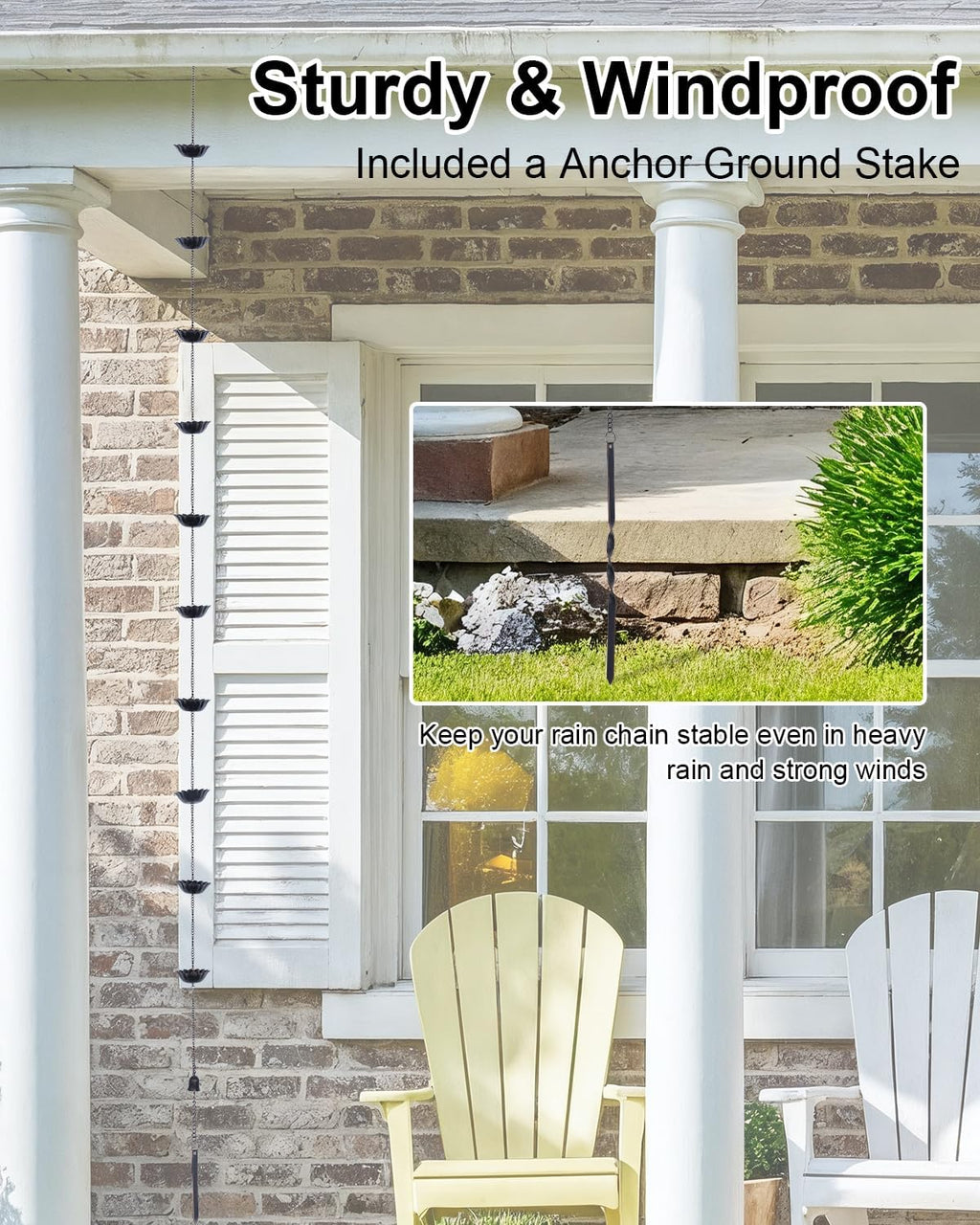 hogardeck 8.5FT Rain Chain with 12 Cups for Gutters Outside, Decorative Metal Rain Catcher with Adapter, Stake & Bell