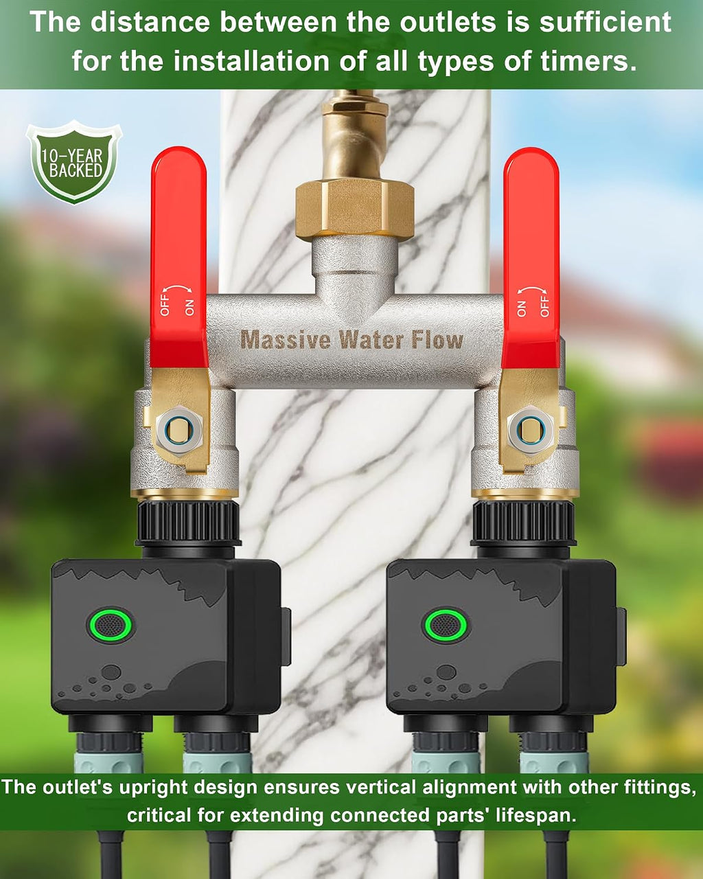 Hose Splitter 2 Way Heavy Duty, Brass Garden Hose Splitter | 304 Stainless Steel Long Handle, Full Flow Nickel Plated
