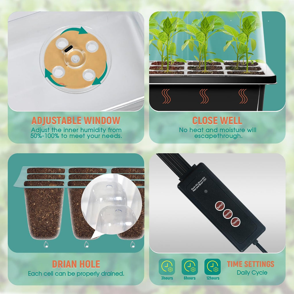 12-Set Seed Starter Tray with Grow Light, Seed Starting Trays Kits with Timing Controller Adjustable Humidity Domes