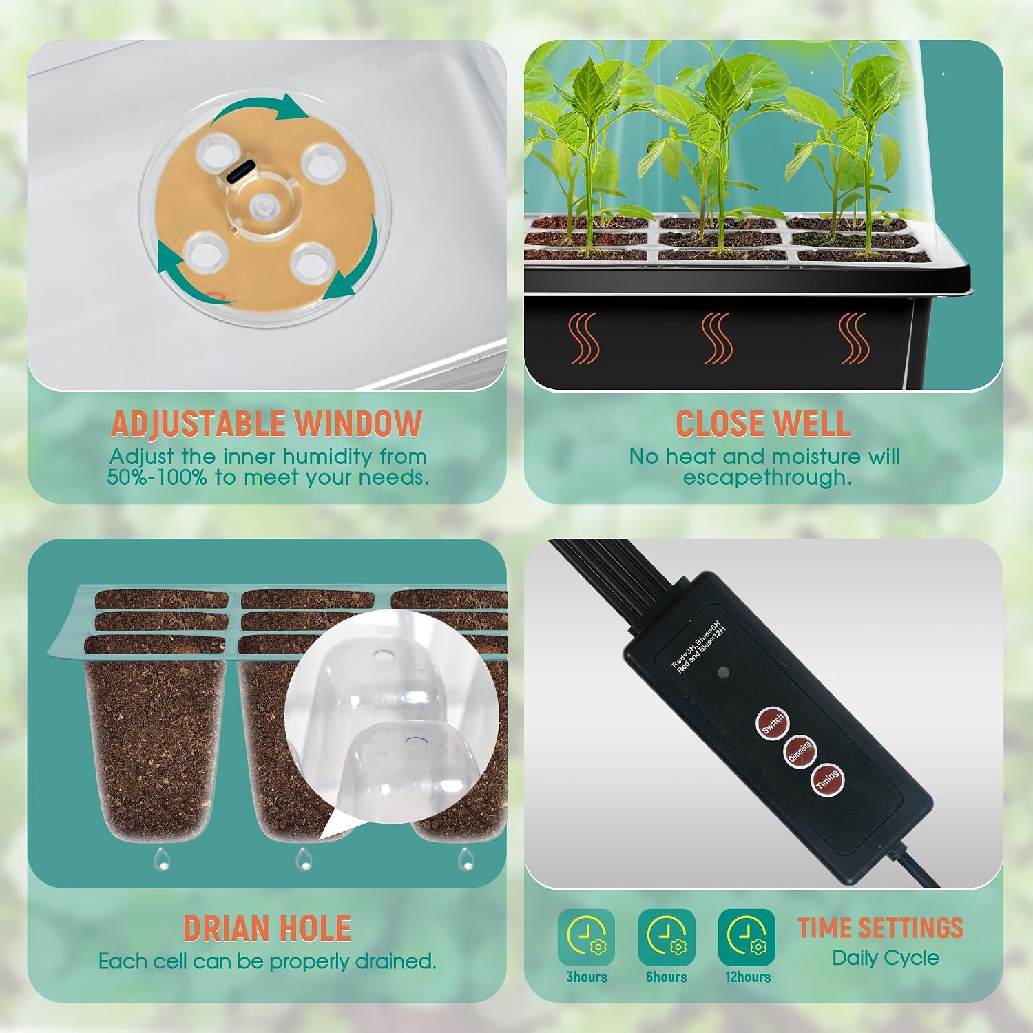 12-Set Seed Starter Tray with Grow Light, Seed Starting Trays Kits with Timing Controller Adjustable Humidity Domes