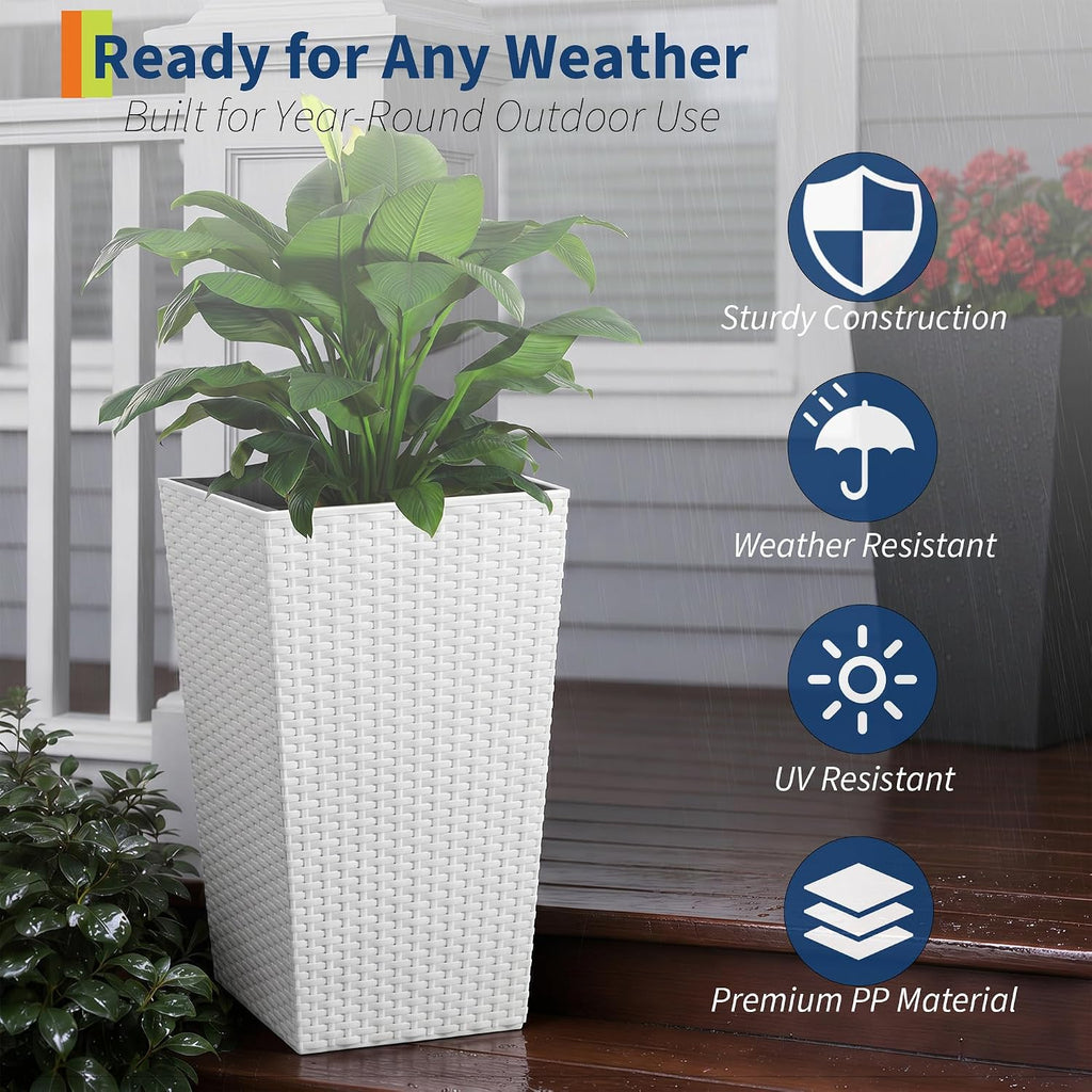 Garvee Set of 4 Tall Outdoor Planters, 16 Inch Planters for Outdoor Plants | Modern Tall Planters with Drainage System
