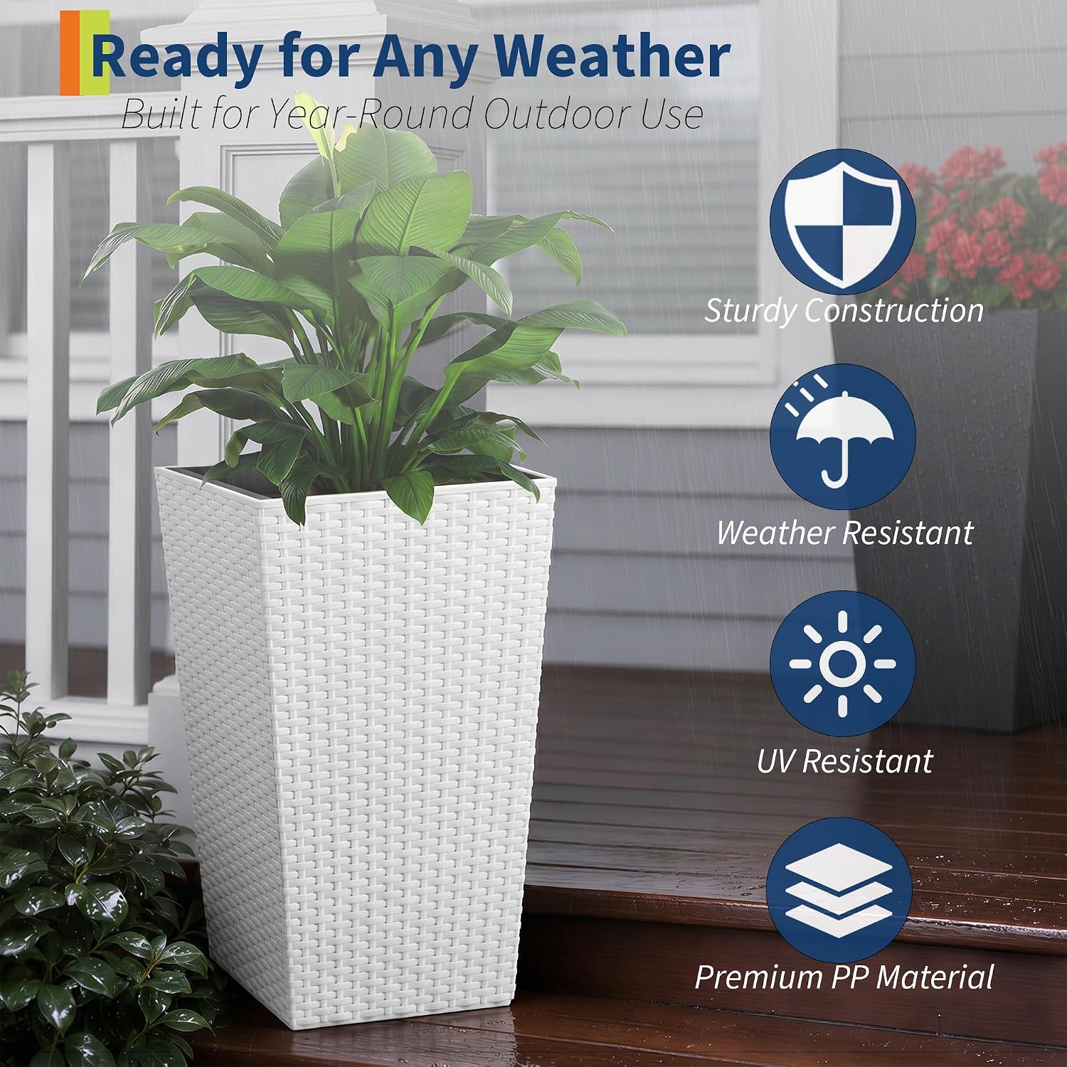 Garvee Set of 4 Tall Outdoor Planters, 16 Inch Planters for Outdoor Plants | Modern Tall Planters with Drainage System