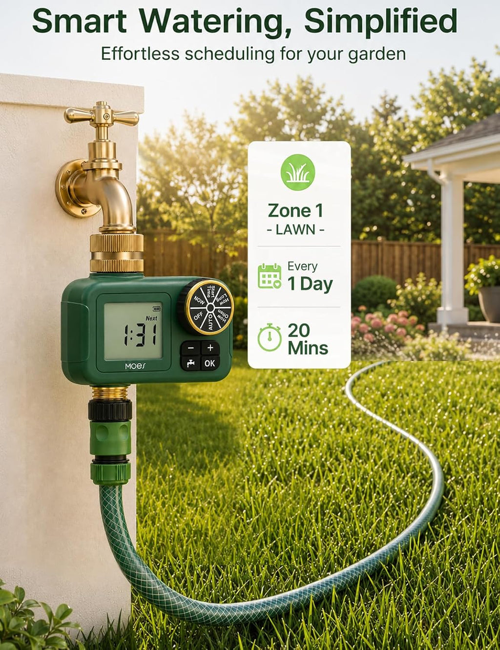MOES 1-Zone Water Timer for Garden Lawn Hose, Brass 3/4 Inlet & Outlets | Independent Single-Outlet Sprinkler Timer