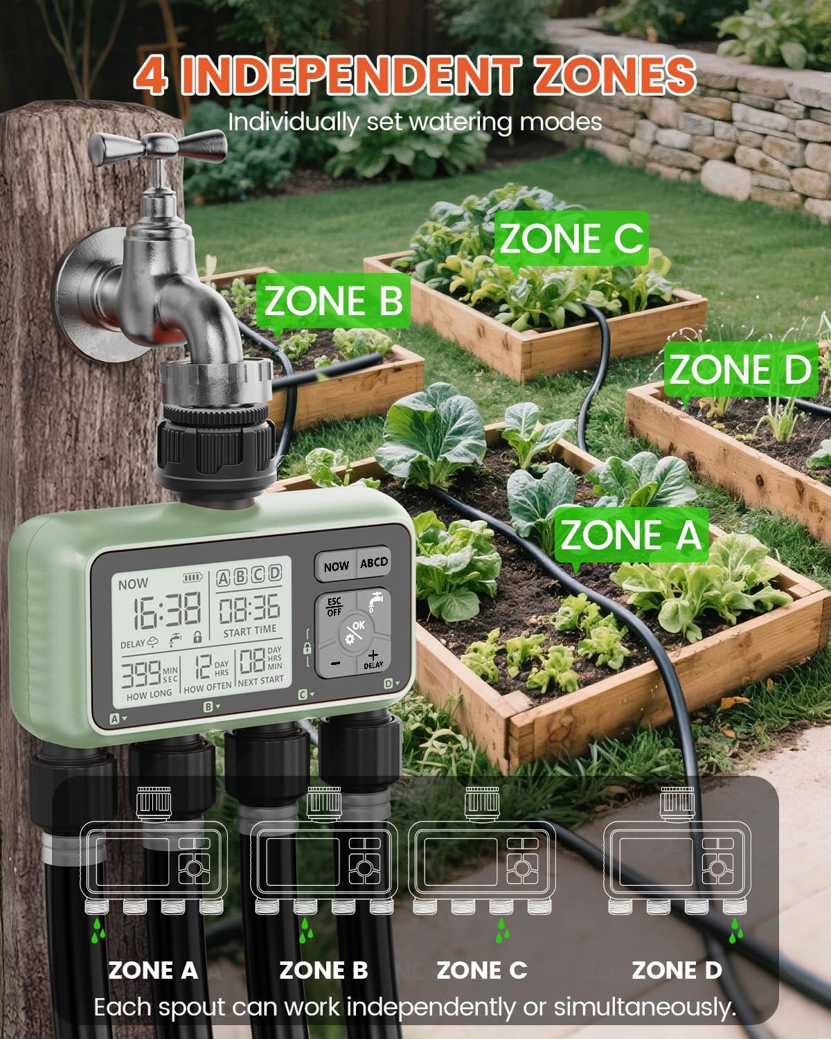 4 Zone Sprinkler Timer, Programmable Water Timer for Garden Hose | 4 independent zones, programmable watering, rain