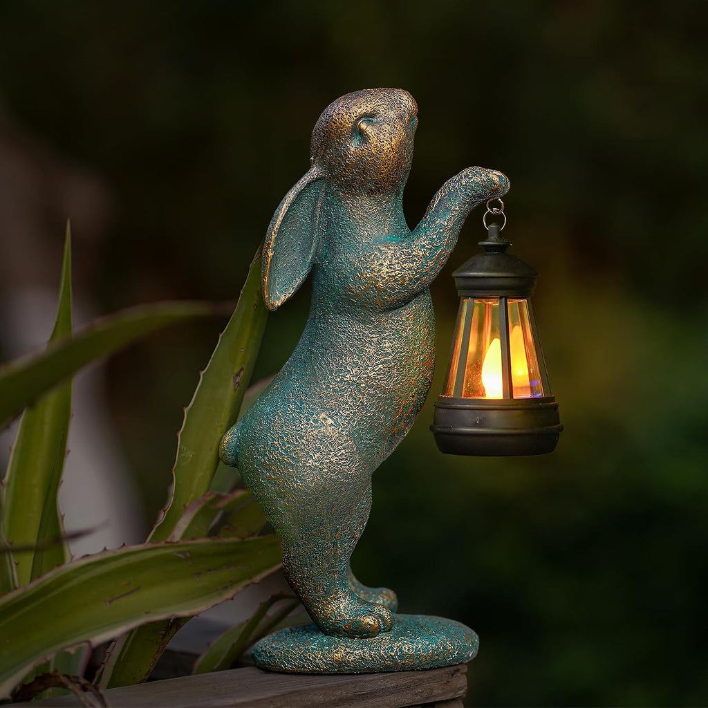 MININOVA Garden Statues Rabbit with Solar Lantern Resin Outdoor Bunny Figurines Decorations for Patio Yard Lawn