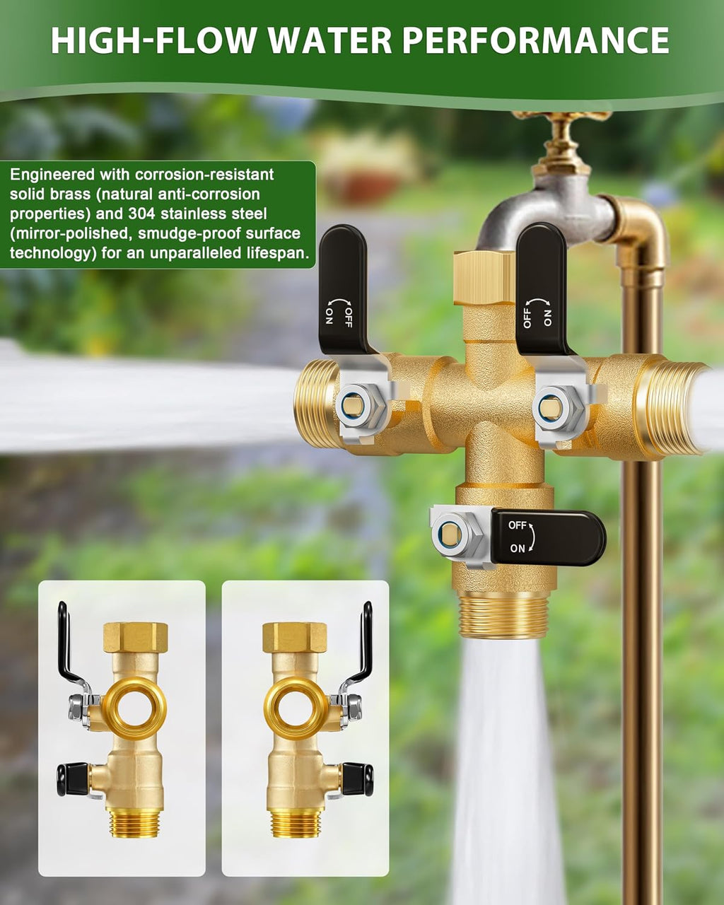 Garden Hose Splitter, 3 Way Heavy Duty Brass hose splitter, Water Hose Bib Spigot Splitter with 0.59" Full Flow Ball