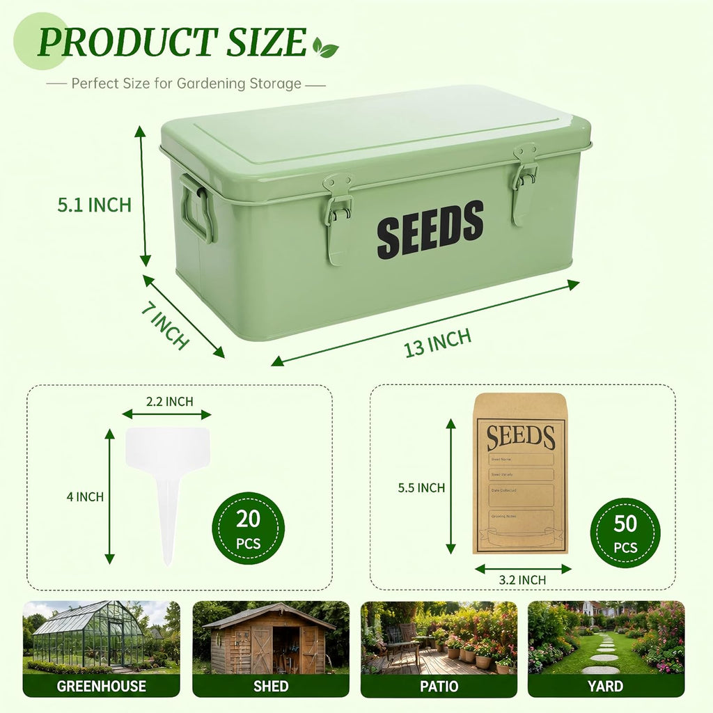 Seed Saving Box with 4 Compartments, Large Metal Seed Organizer Packet Container with Lid & Safety Locks, Garden Seed