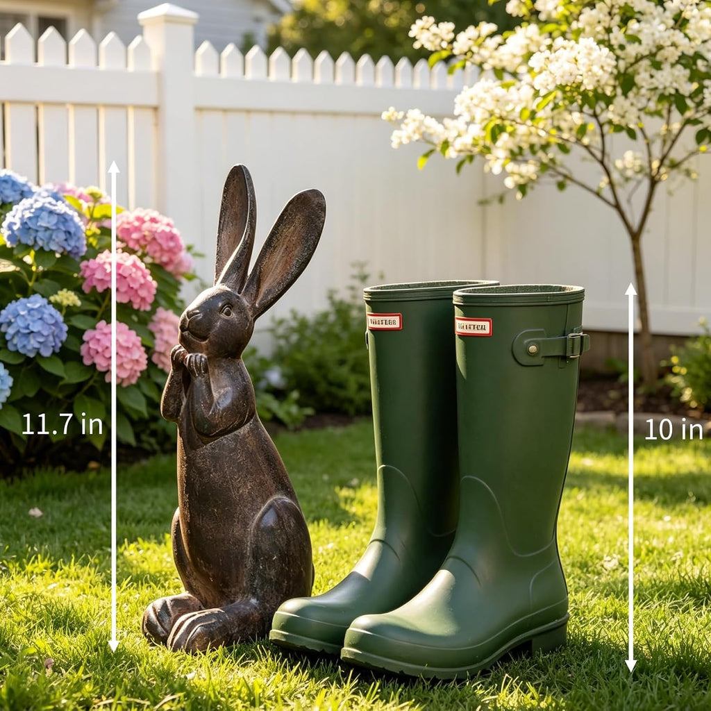 DiliComing Bunny Garden Decor 11 Inch Brown Resin Rabbit Outdoor Statue | Animals Yard Decorations, Cute Cheeky Bunny