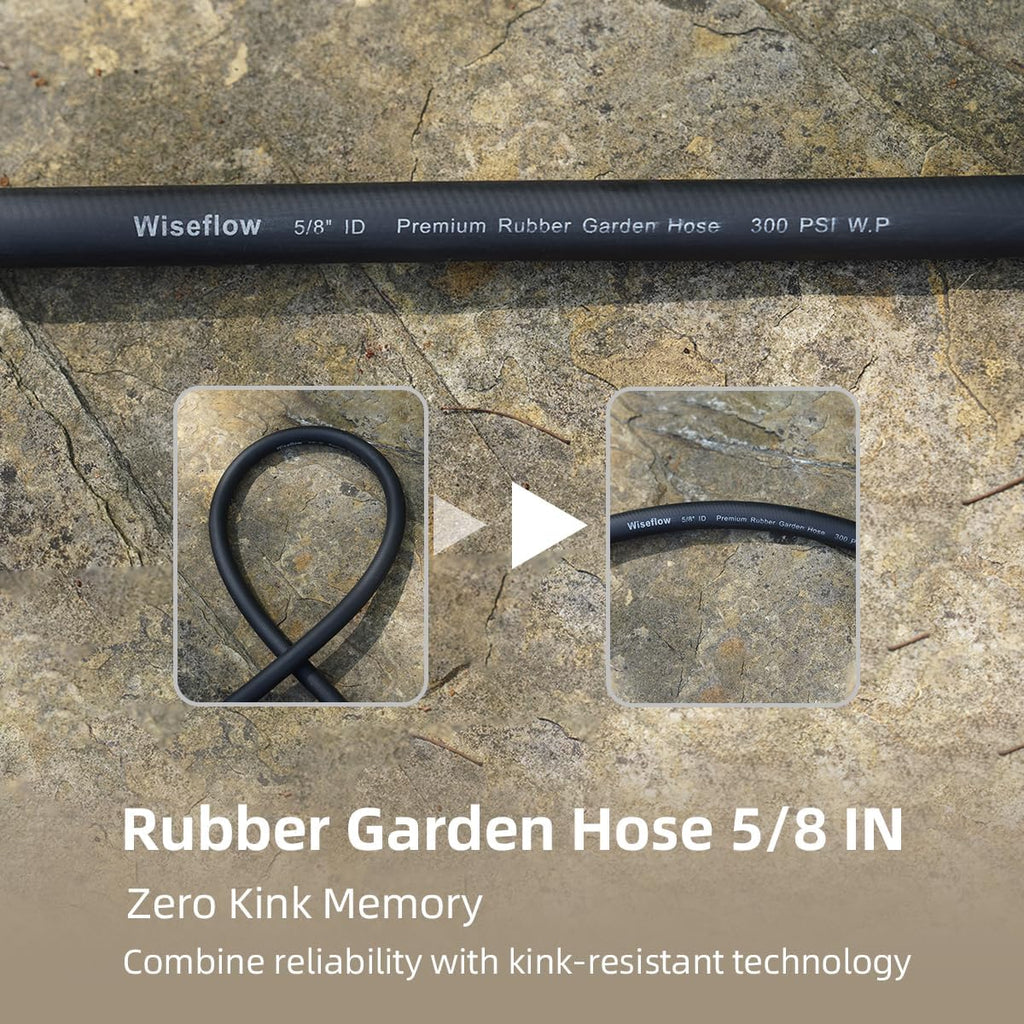 Wiseflow Garden Hose 75FT x 5/8", Heavy Duty Rubber Hose, Water Hose with Five Layered Braiding, Male Female Fittings