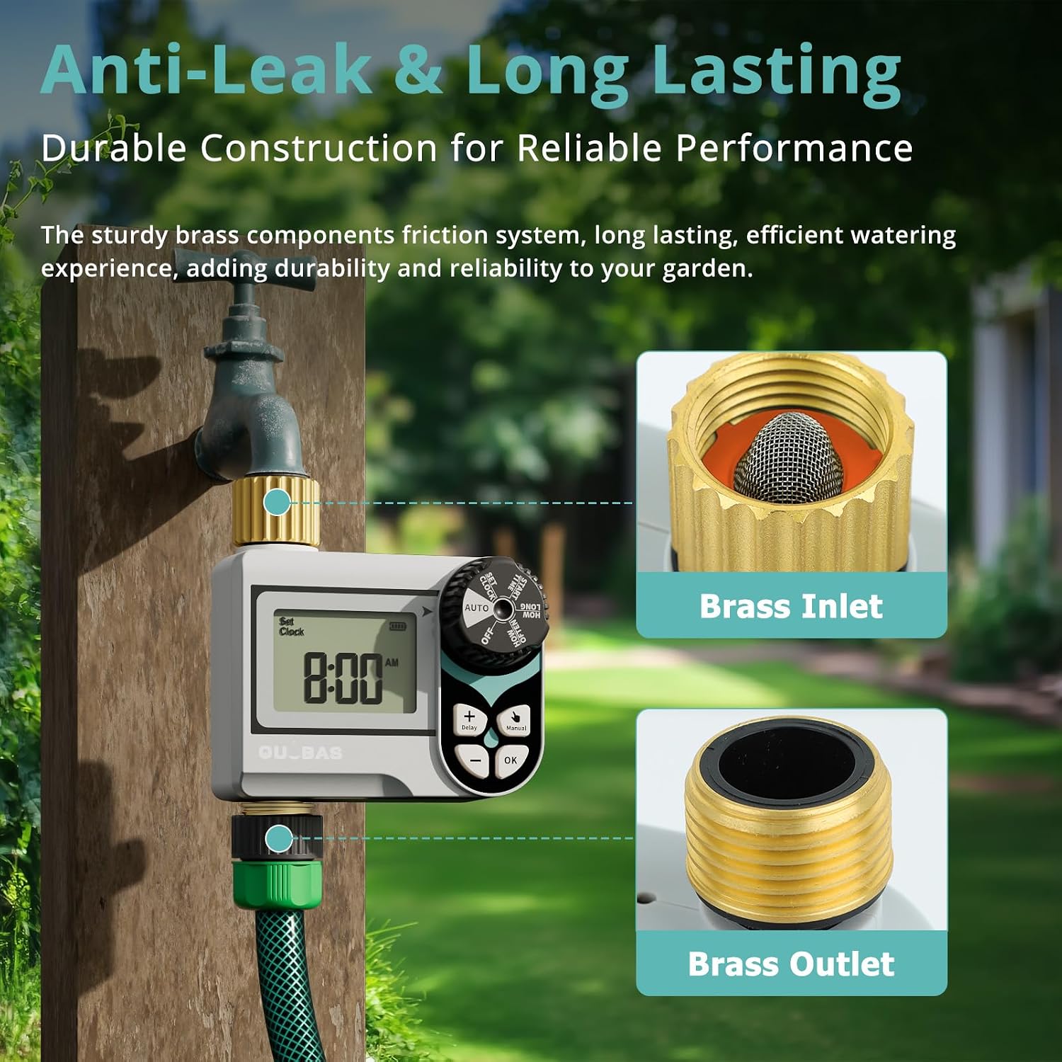 QUOBAS Zero Pressure Water Timer, Sprinkler Timer for Garden Hose Faucet | Brass Programmable Hose Timer, Rain