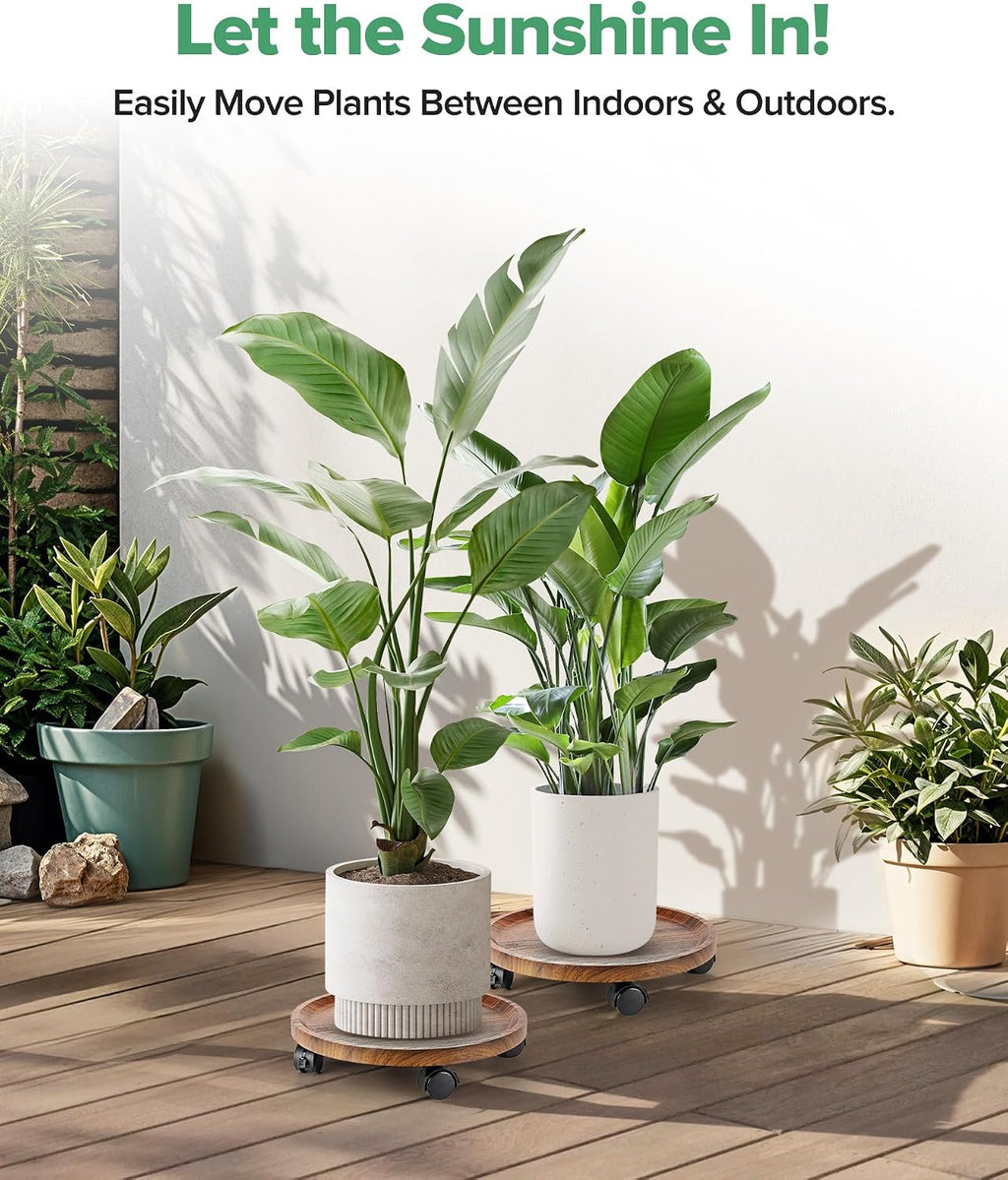 2 Pack Plant Caddy with Wheels, 14" Wood Rolling Plant Stand with 360° Lockable Wheels, Plant Stands Outdoor for Large