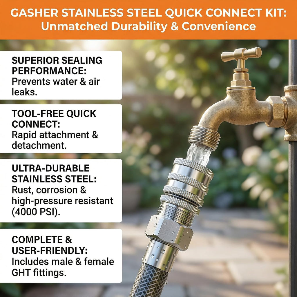 GASHER 5PCS Stainless Steel Quick Connect Kit, 3/4 Inch GHT Female Coupling for Garden Hose, Irrigation