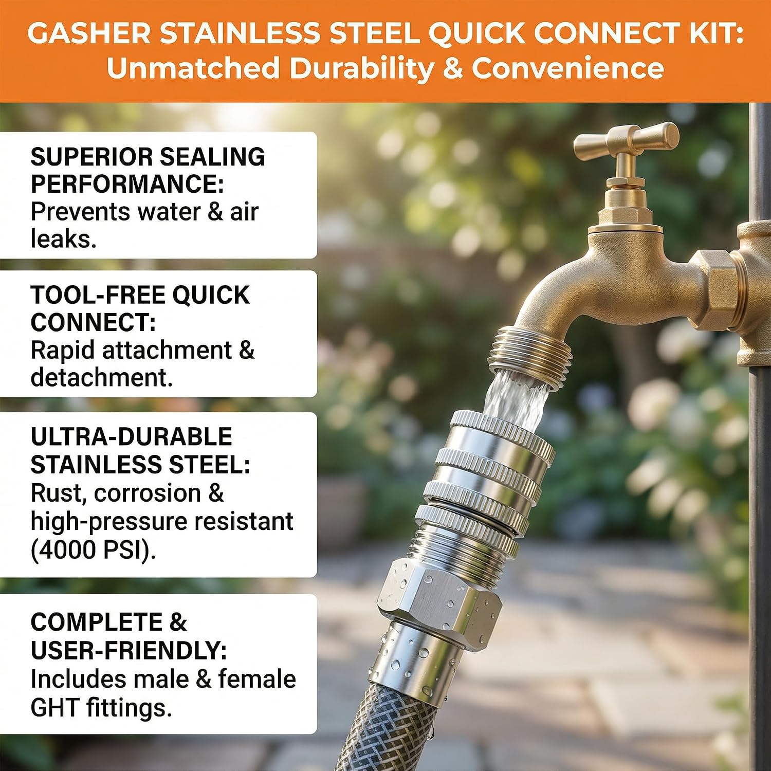GASHER 5PCS Stainless Steel Quick Connect Kit, 3/4 Inch GHT Female Coupling for Garden Hose, Irrigation