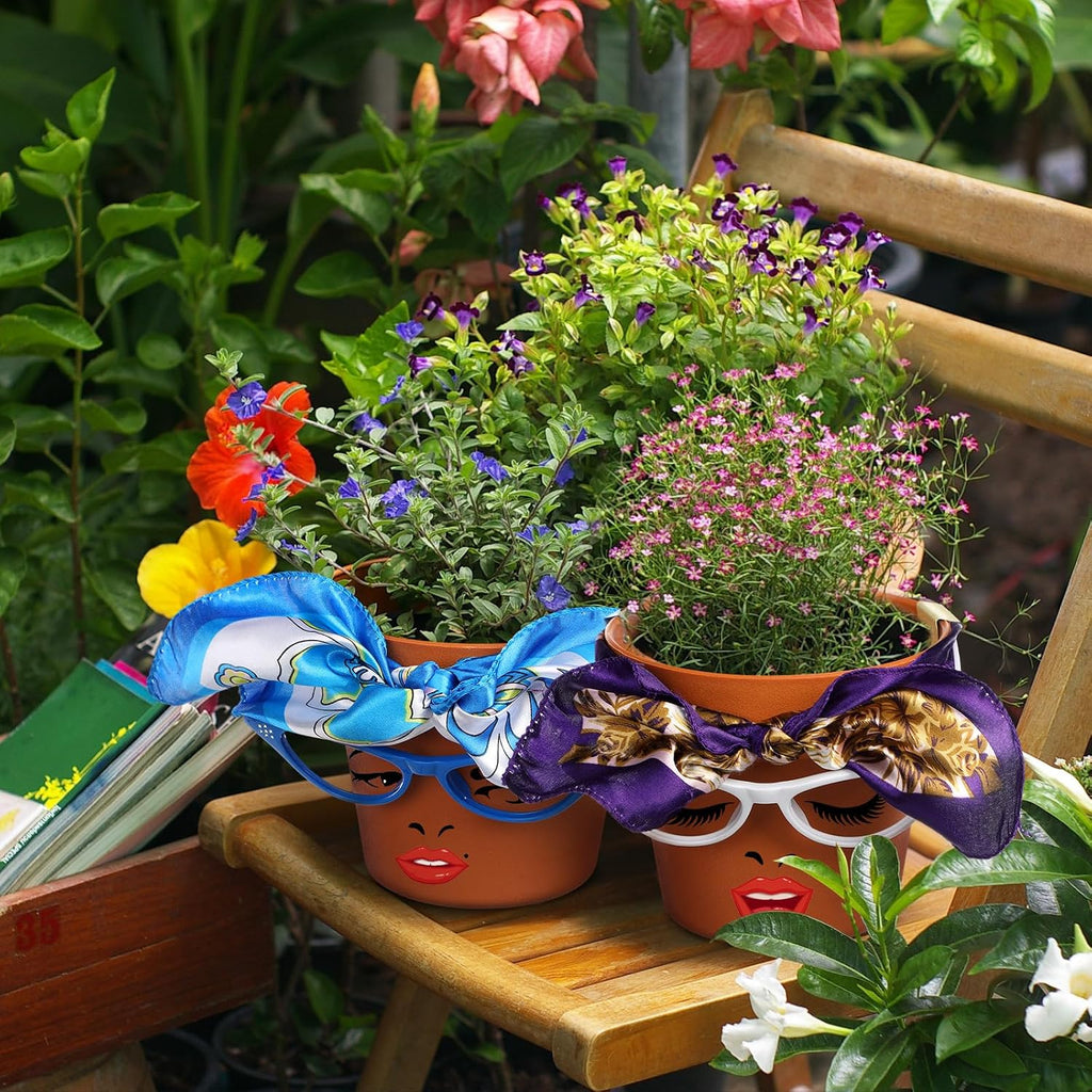 Sliner 6 Set Cute Face Flower Pot Planter Funny Plant Pots Painting Kit Include Glasses Silk Scarf Acrylic Paint