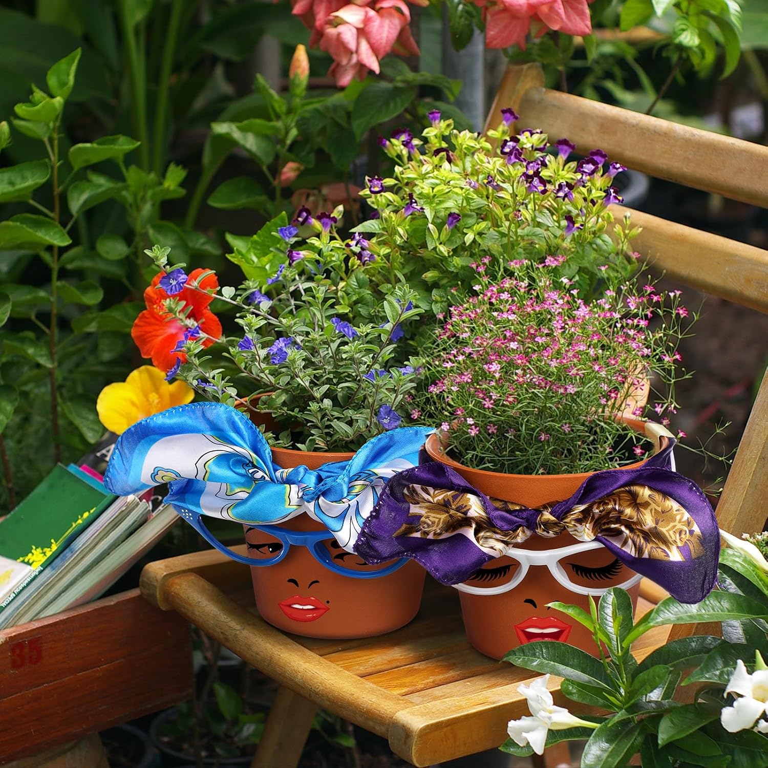Sliner 6 Set Cute Face Flower Pot Planter Funny Plant Pots Painting Kit Include Glasses Silk Scarf Acrylic Paint