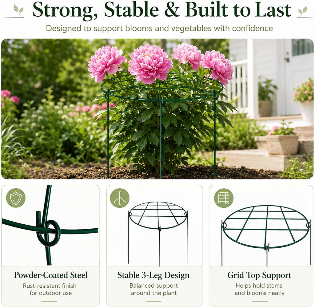 6-Pack Plant Support Stakes 11.8"x 15.7" Metal Plant Support Rings, Rustproof Peony Cages with 3-Leg Stand for