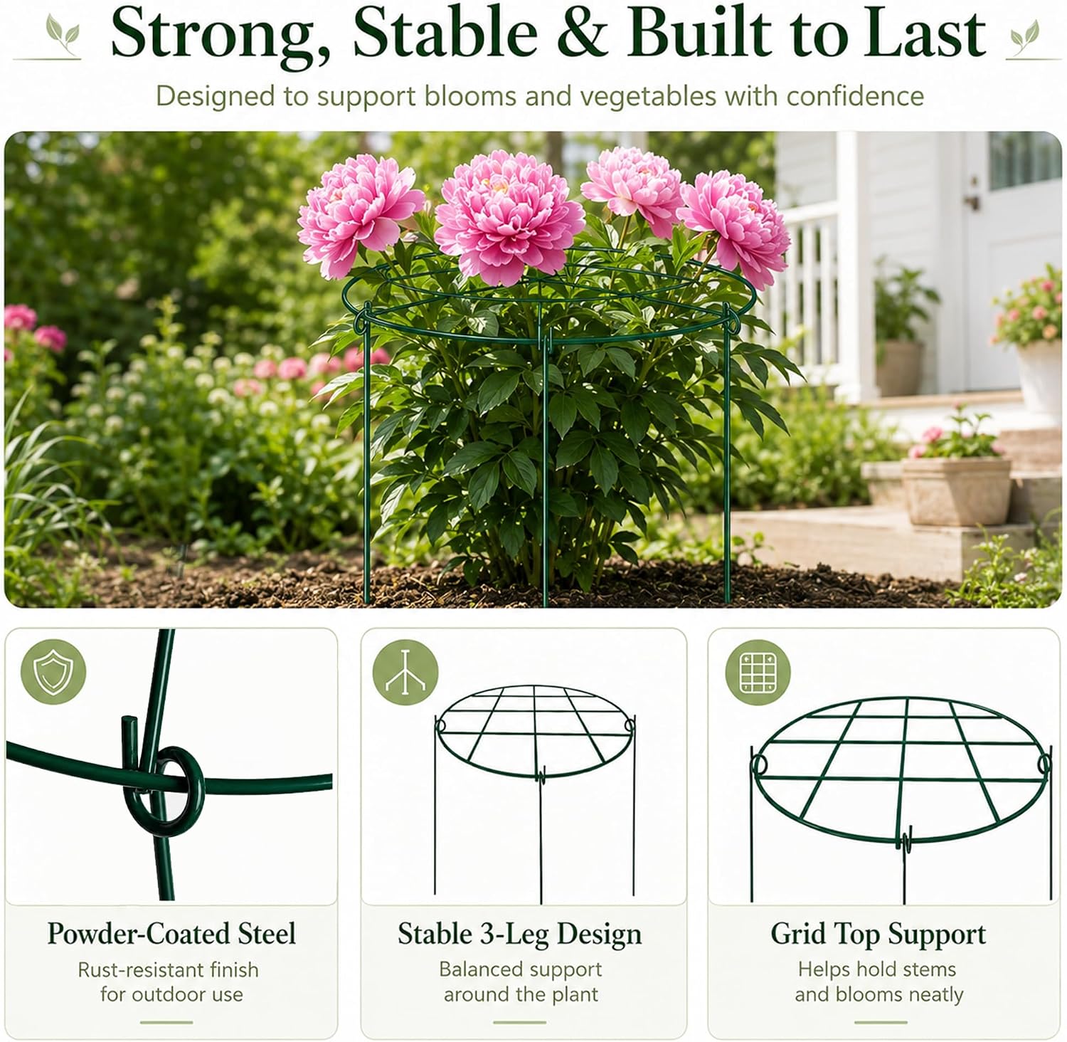 6-Pack Plant Support Stakes 11.8"x 15.7" Metal Plant Support Rings, Rustproof Peony Cages with 3-Leg Stand for