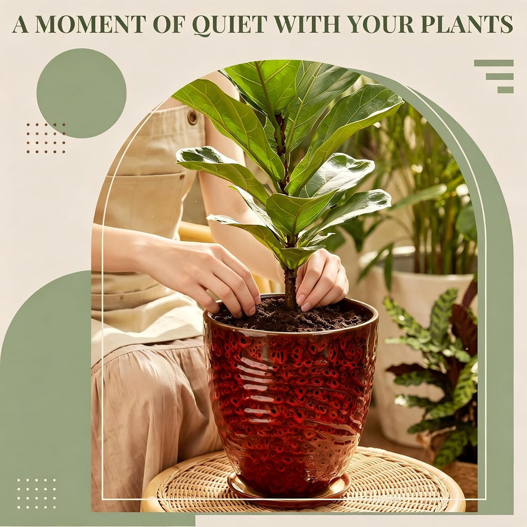 9.5 Inch Modern Ceramic Plant Pot with Saucer, Flower Pot with Drainage Hole Mesh Net,Indoor Outdoor Planter (Speckle