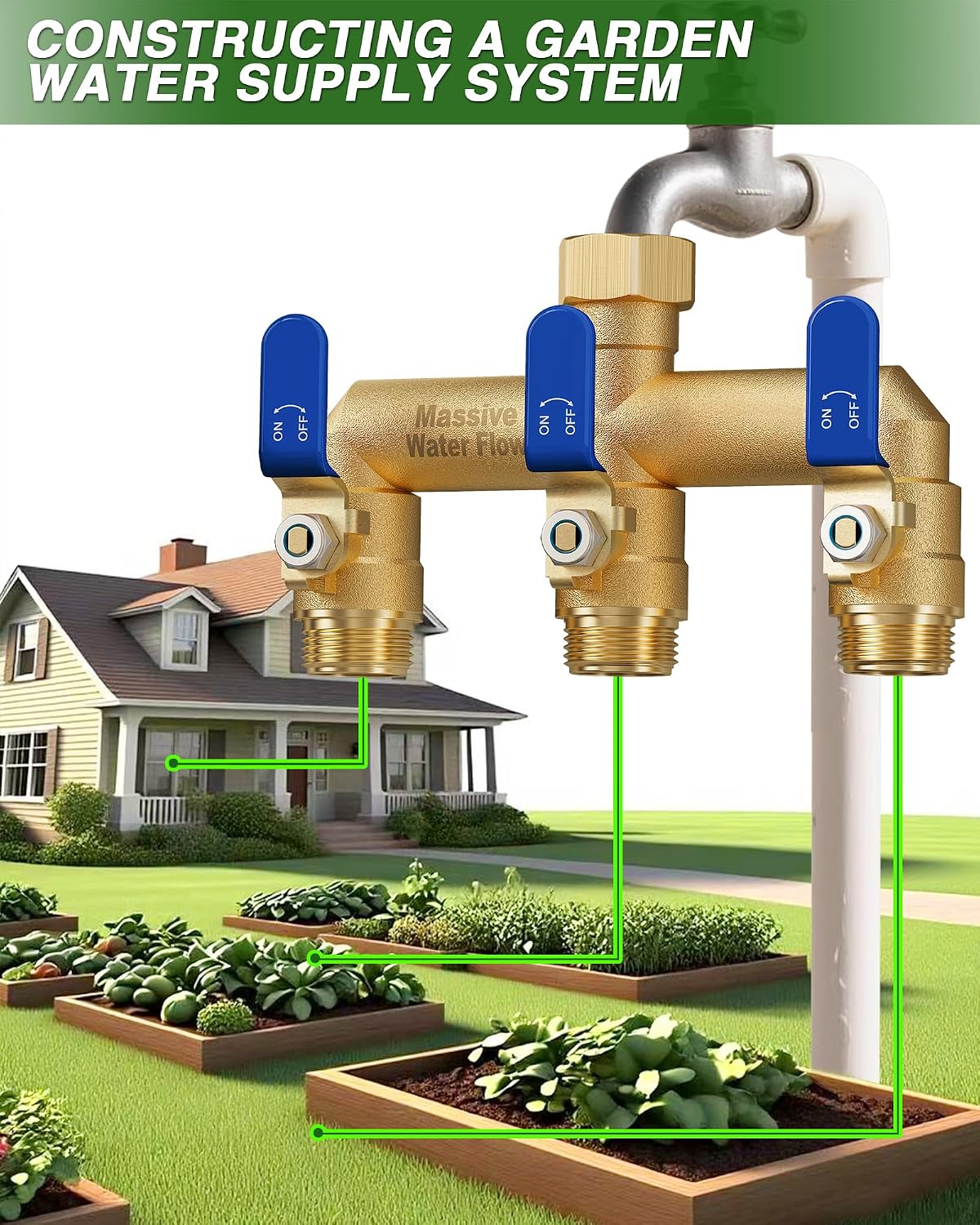 3 Way Hose Splitter, Heavy Duty Full Flow Garden Water Hose Bib Spigot Splitter, Brass Rust and Freeze Resistant