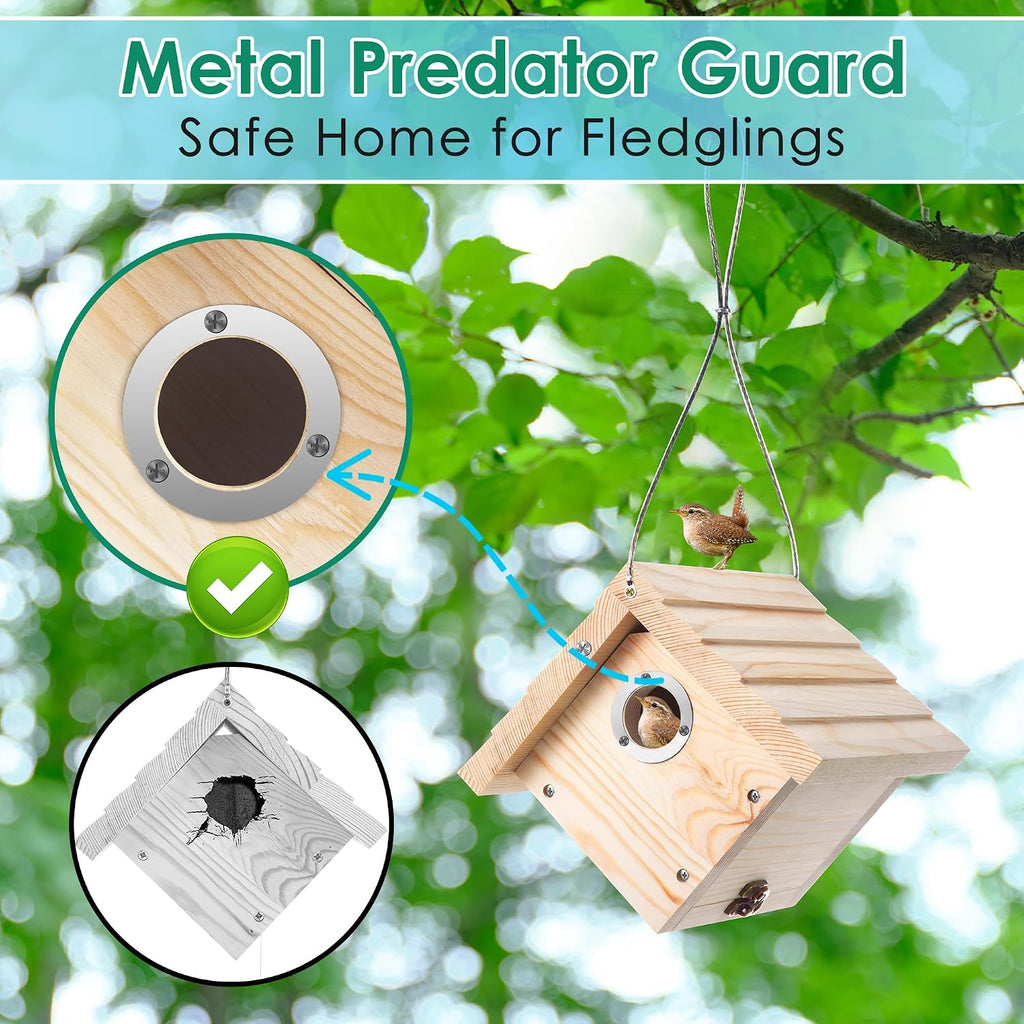 Dreyoo 2 Pack Wren House, 1-1/8'' Entrance Hole Hanging Wooden Wren Bird Houses for Outside with Metal Guard, Air