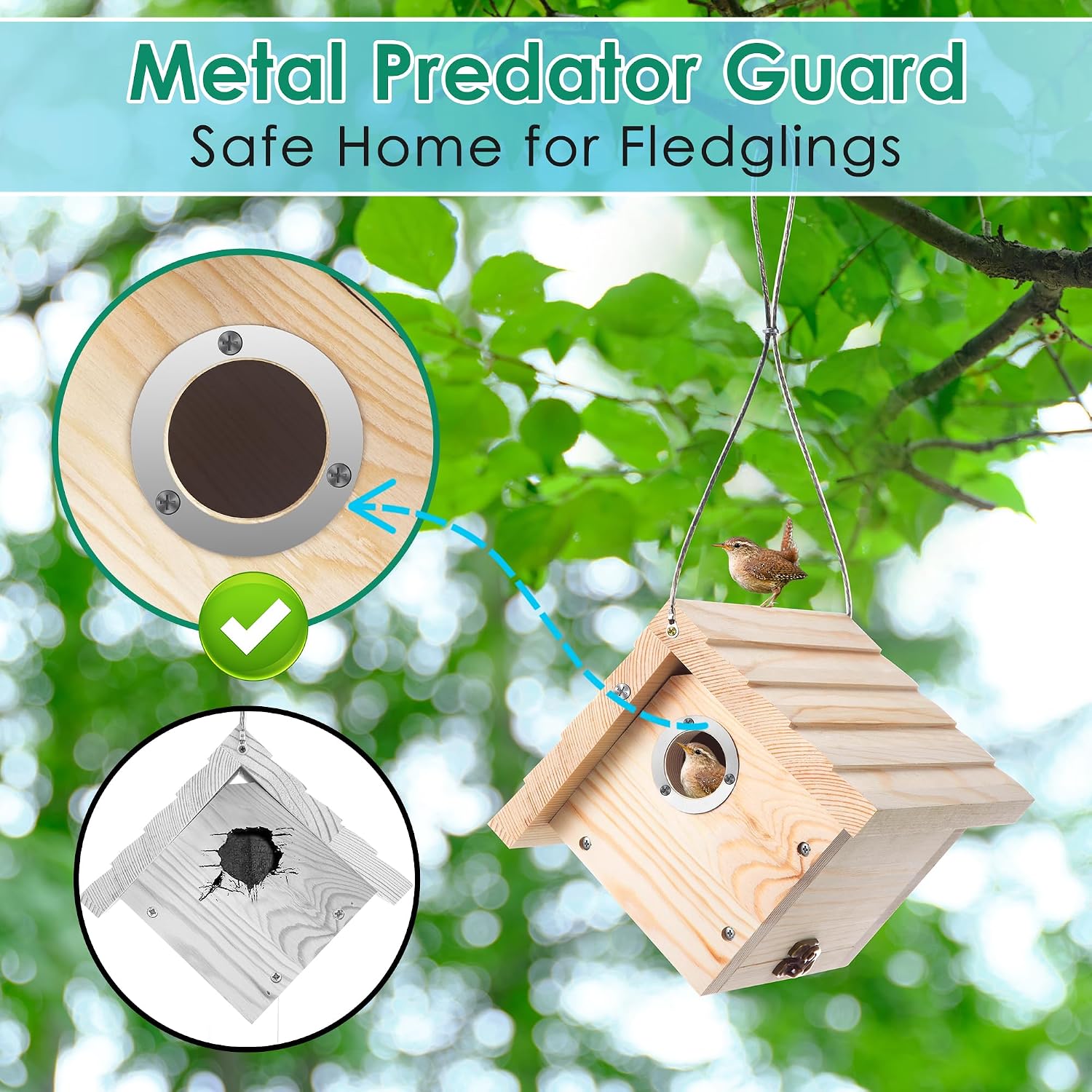 Dreyoo 2 Pack Wren House, 1-1/8'' Entrance Hole Hanging Wooden Wren Bird Houses for Outside with Metal Guard, Air