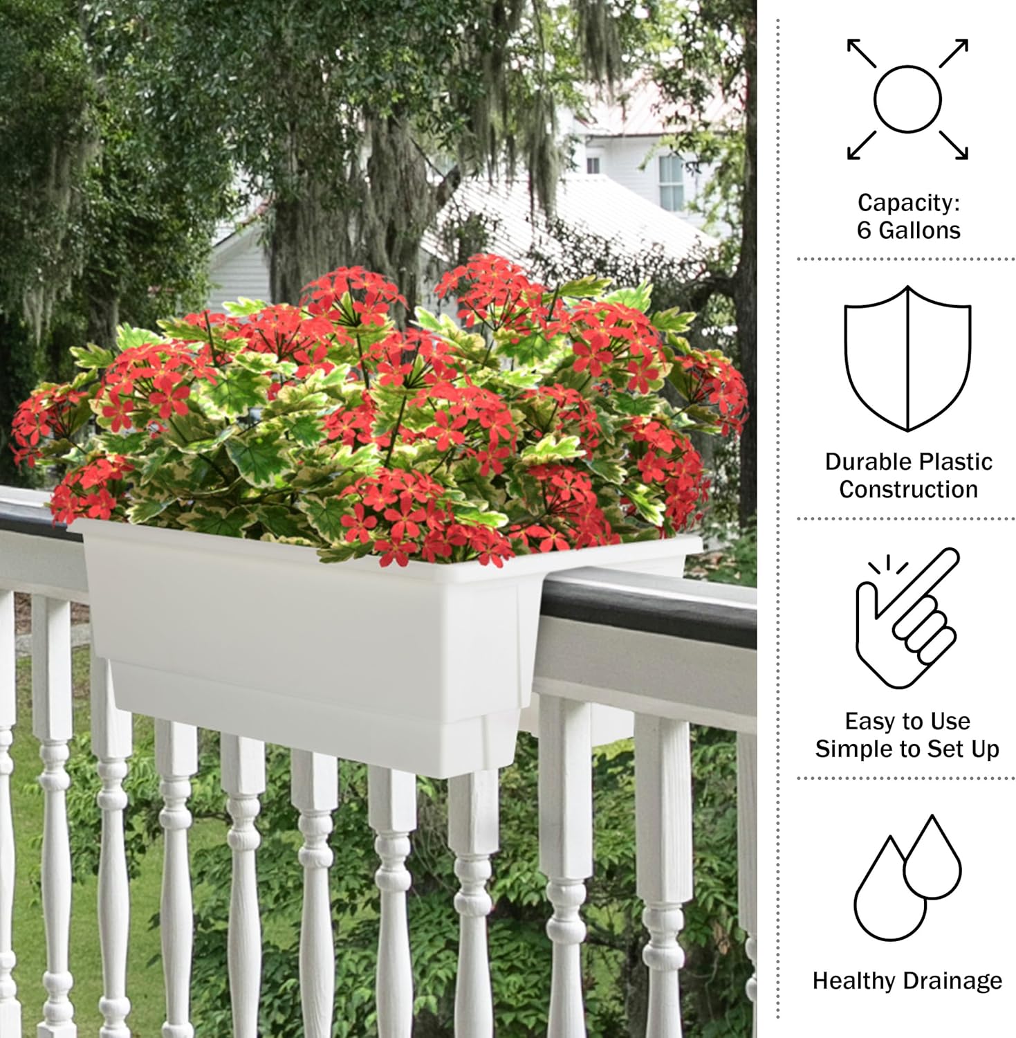 Pure Garden Railing Planter - 20.75-Inch Flower Box with Drainage Insert - 6-Gallon Outdoor Planter Box - Deck, Porch