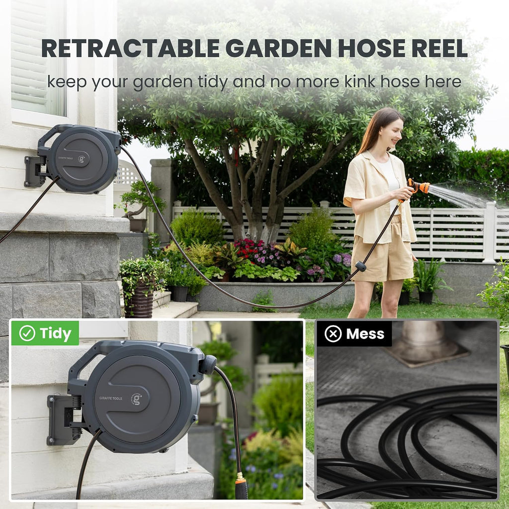 Giraffe Tools Retractable Garden Hose Reel 1/2"78FT Metal Bracket | Any Length Lock,Auto Rewind System,Wall Mount,180°