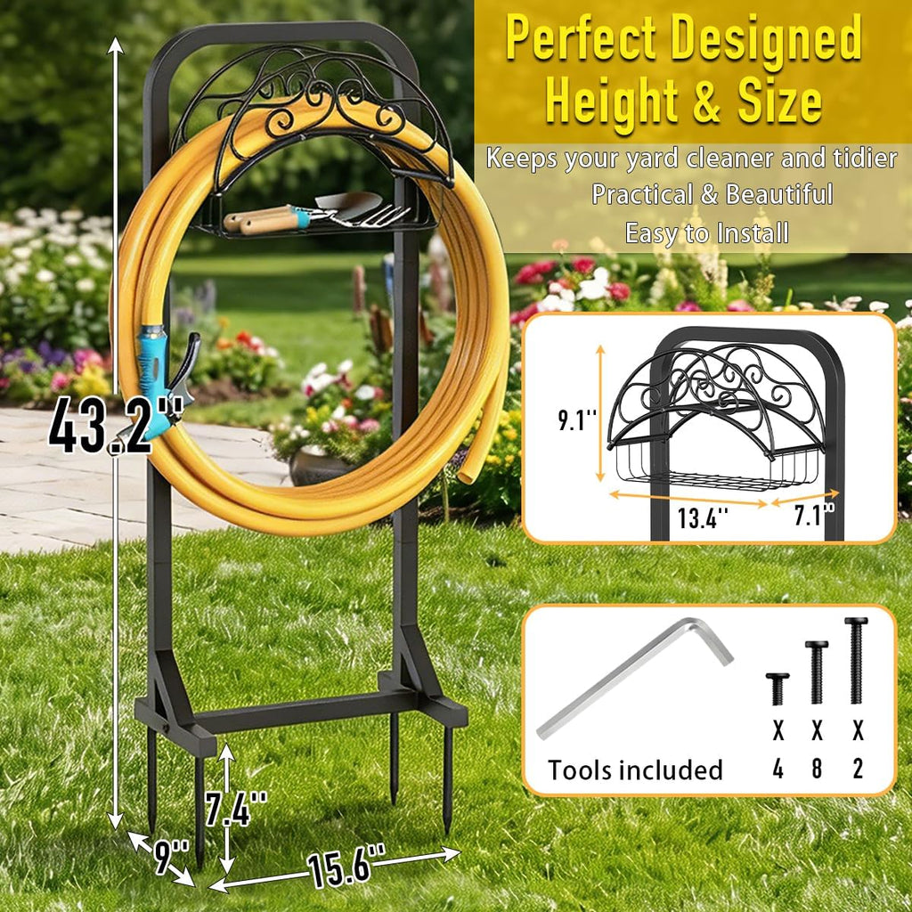 Garden Hose Holder Water Hose Reel Stand with Storage Basket Holds 160ft, Heavy Duty Freestanding Hose Stand with