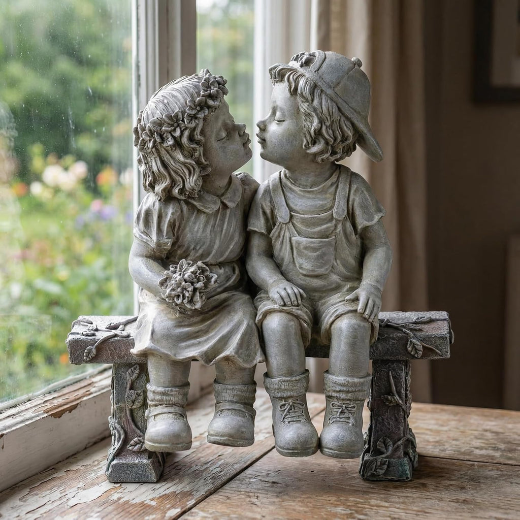 Outdoor Boy Girl Statue for Garden, Yard & Flower Bed Decor | Weather-Resistant Resin, Fist Kiss Figurine Adds