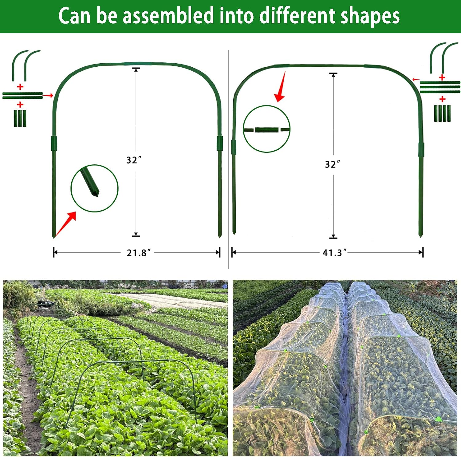 10 Sets 41.3"x32" Greenhouse Hoops Grow Tunnel for Raised Beds,Durable Rust-Free Removable Row Cover Hoops for Garden