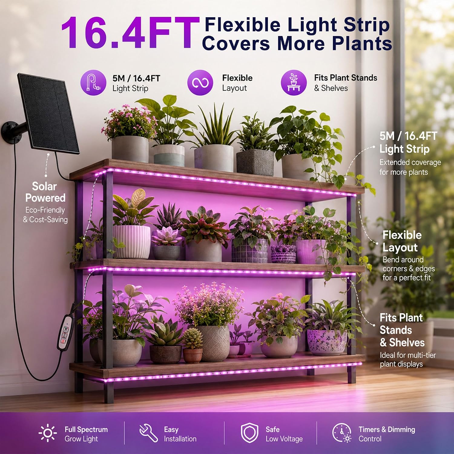 16.4FT Solar Grow Light Strip for Indoor Outdoor Plants | with Full Spectrum LED Waterproof Plant Growing Lights &