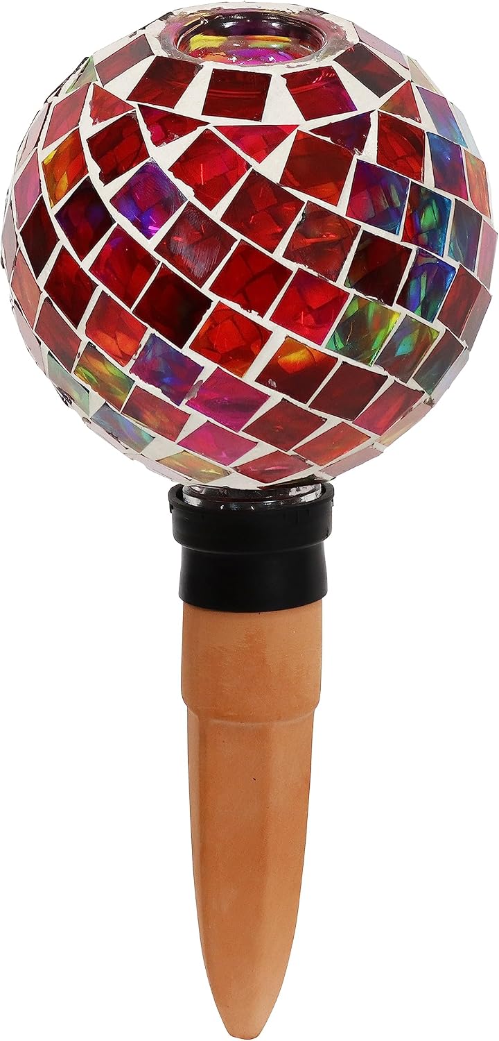 Sunnydaze Mosaic Glass Plant Watering Globe, Magenta Medley | Decorative Self-Watering Planter Insert, Water Dripper