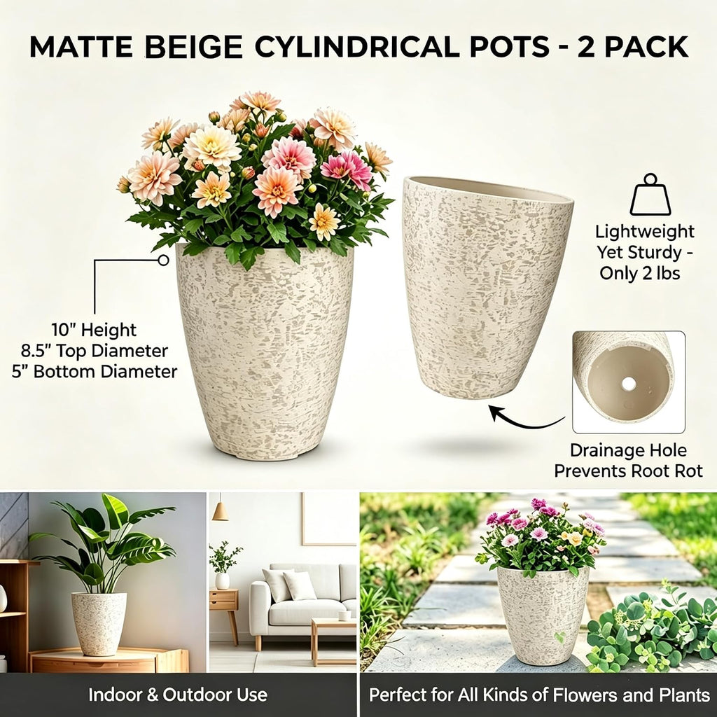 10 inch Garden Planter Lightweight Indoor Outdoor Pots with Drainage Hole for Potted Plants Flowers Greenery, Set of 2