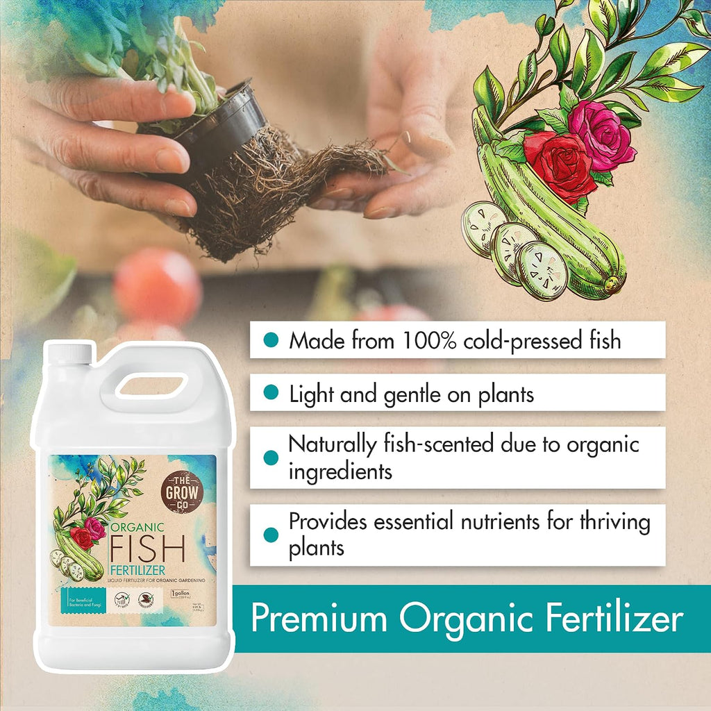 Organic Fish Fertilizer for Vegetable Garden, Fruits, and Flowers, 1 Gallon | The Grow Co Emulsion for Plants, 2-3-1