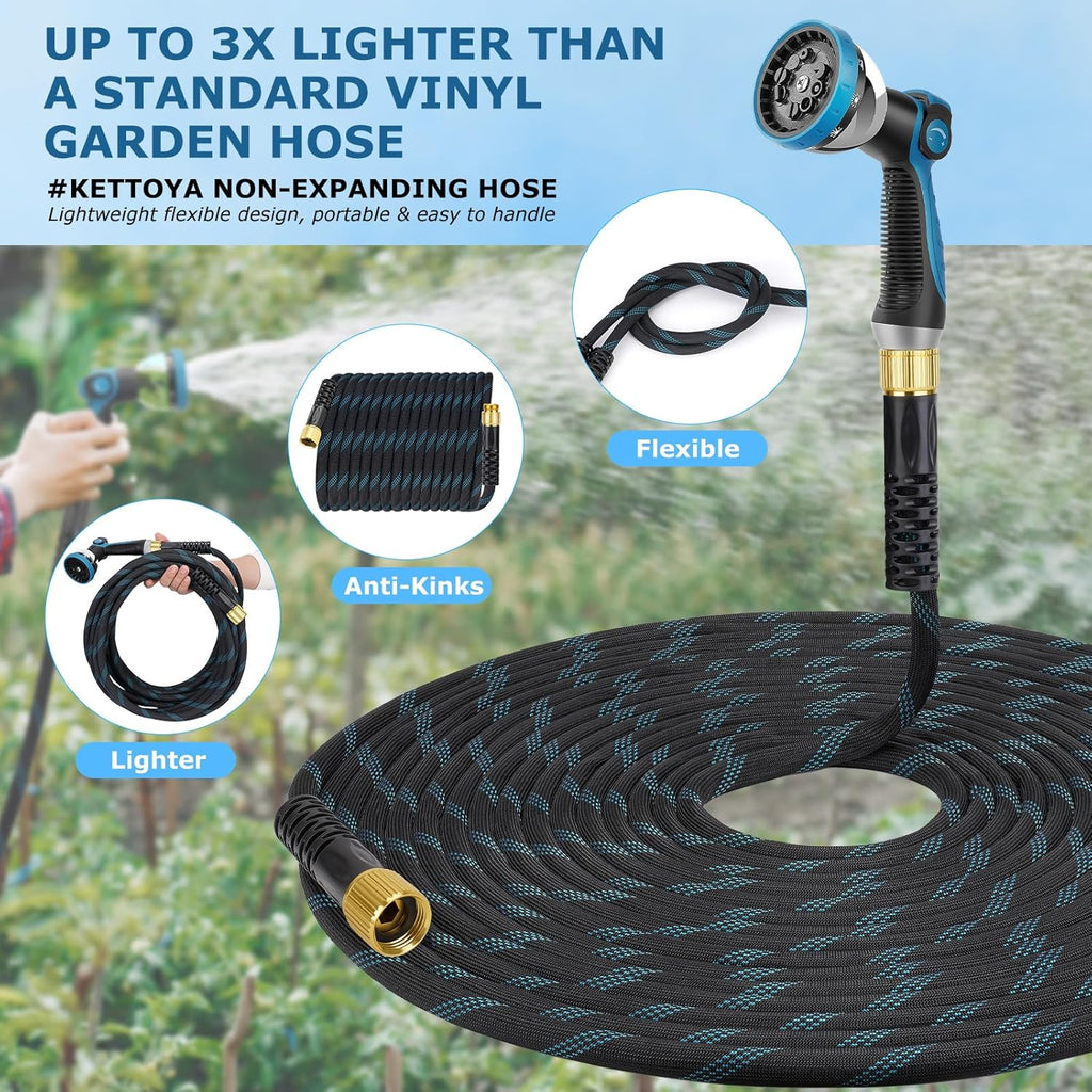 Non-Expanding Garden Hose 100 ft, Kink Free Flexible Water Hose with 10-Pattern Spray Nozzle, Lightweight Hose Pipe