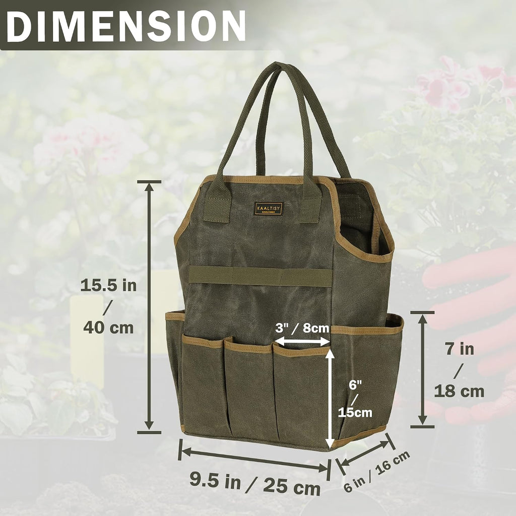 Tool Bag, Heavy Duty 16oz Waxed Canvas Garden Tool Tote - with 3 Inner Slots & 8 Outer Pockets, Multi-Purpose Gardening