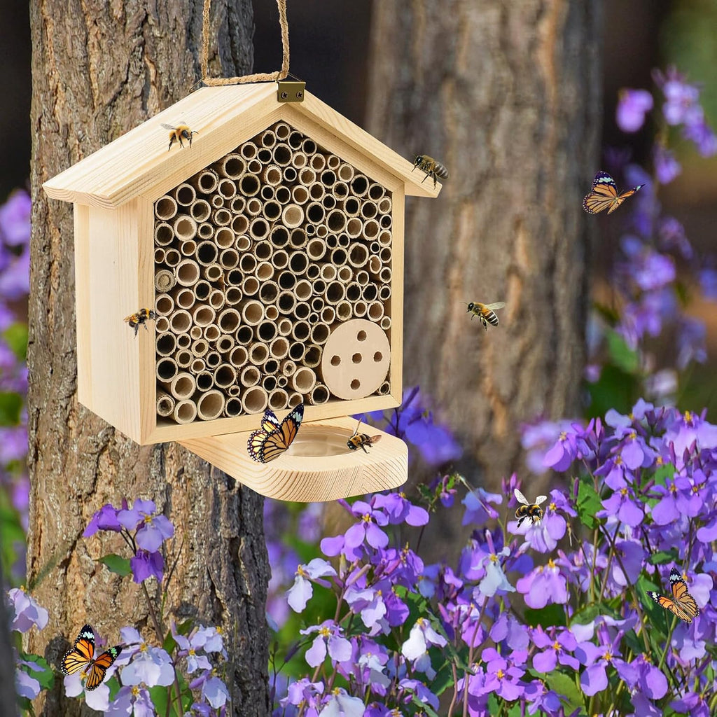 Mason Bee House with Feeding Trays, Natural Pine Wood Hanging Bee Hive | Insect Hotel for Garden Backyard, Outdoor