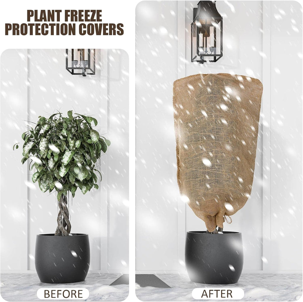 Woanger 6 Pcs 40" x 24" Reusable Winter Burlap Plant Covers Bags Warm with Drawstring Large Sack Plant Blanket Burlap