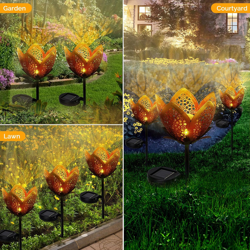 Outdoor Solar Tulip Light, Crackle Globe Glass Metal Flower Decorations Lights for Lawn Ornaments, LED Lotus Hollow