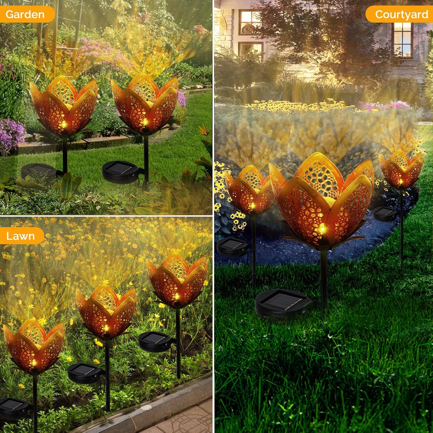 Outdoor Solar Tulip Light, Crackle Globe Glass Metal Flower Decorations Lights for Lawn Ornaments, LED Lotus Hollow