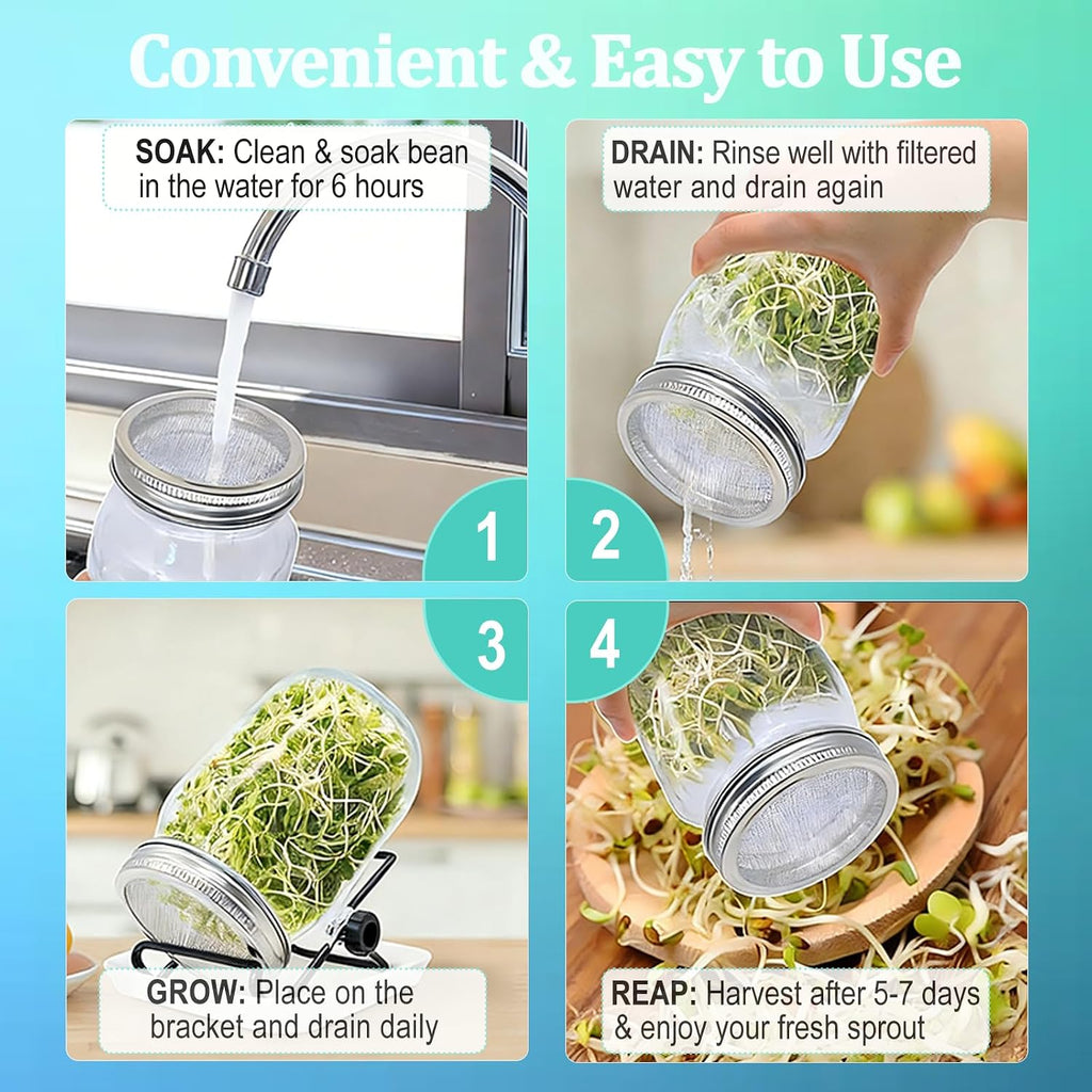 4 Pack Wide Mouth Sprouting Jar Kit, Lids, Stands, Trays & Cleaning Brushes | Glass Jar Set with with Stainless Steel
