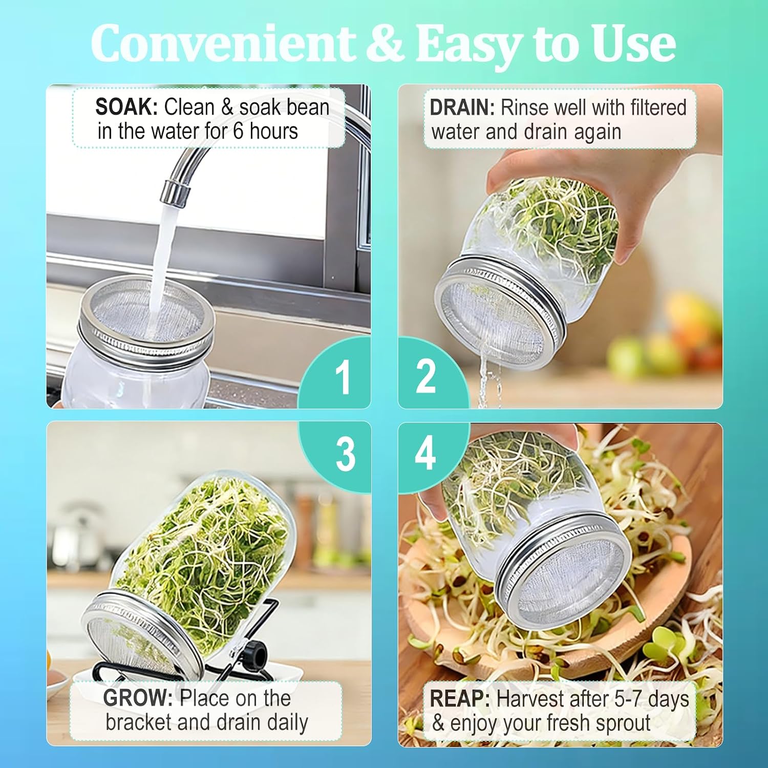 4 Pack Wide Mouth Sprouting Jar Kit, Lids, Stands, Trays & Cleaning Brushes | Glass Jar Set with with Stainless Steel