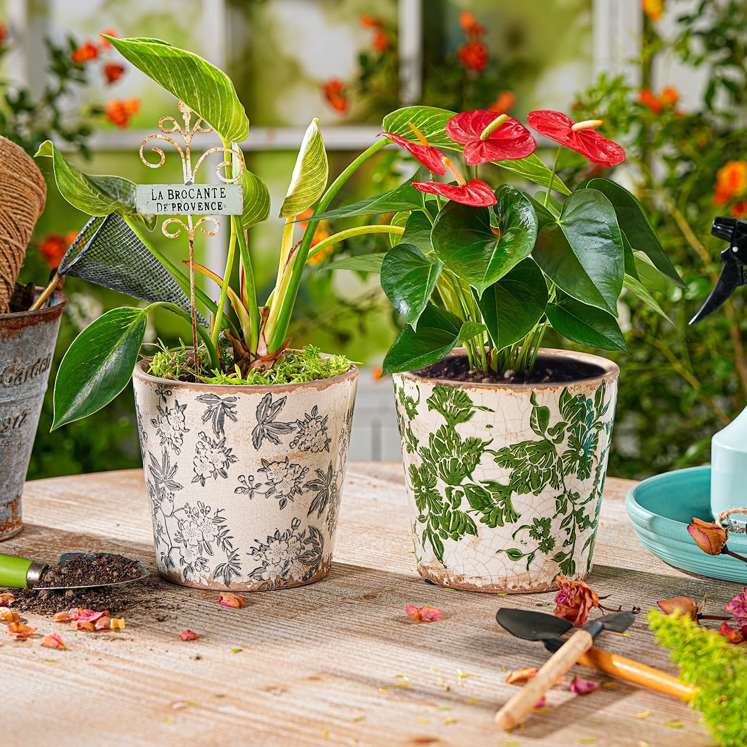 Sungmor 5.5 Inch Ice Crackle Glaze Ceramic Planter - 2 Pack Green & Grey | Decorative Indoor & Outdoor Flower Pots with