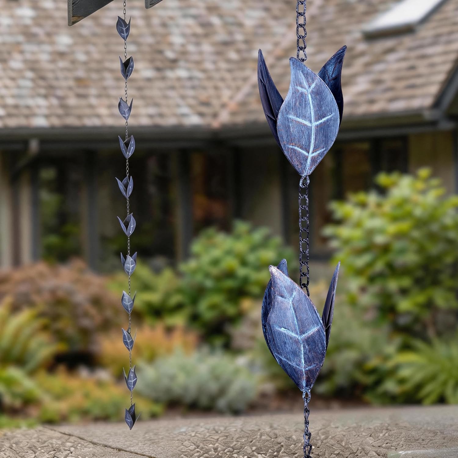 Topadorn Rain Chain for Gutters, 8.5FT Leaf Rain Chain, Blue Patina | 8.5FT Rain Chain • Leaf Cup Design • Blue Patina