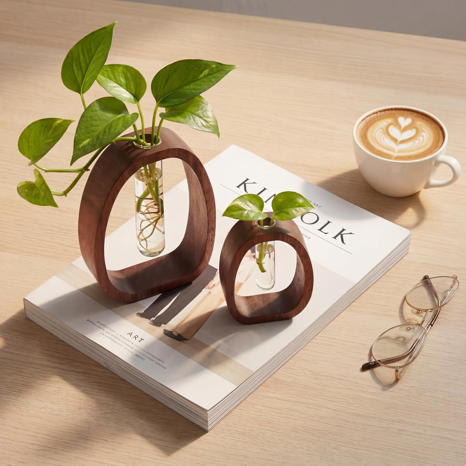 Houmury Walnut Wood Propagation Station Set of 2 Hydroponic Glass Test Tube Vases 7.5” & 5.8” for Plants Cuttings